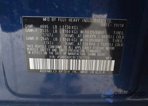 2015 Subaru Outback 2.5I Premium from USA, damaged, VIN 4S4BSADC8F3261120